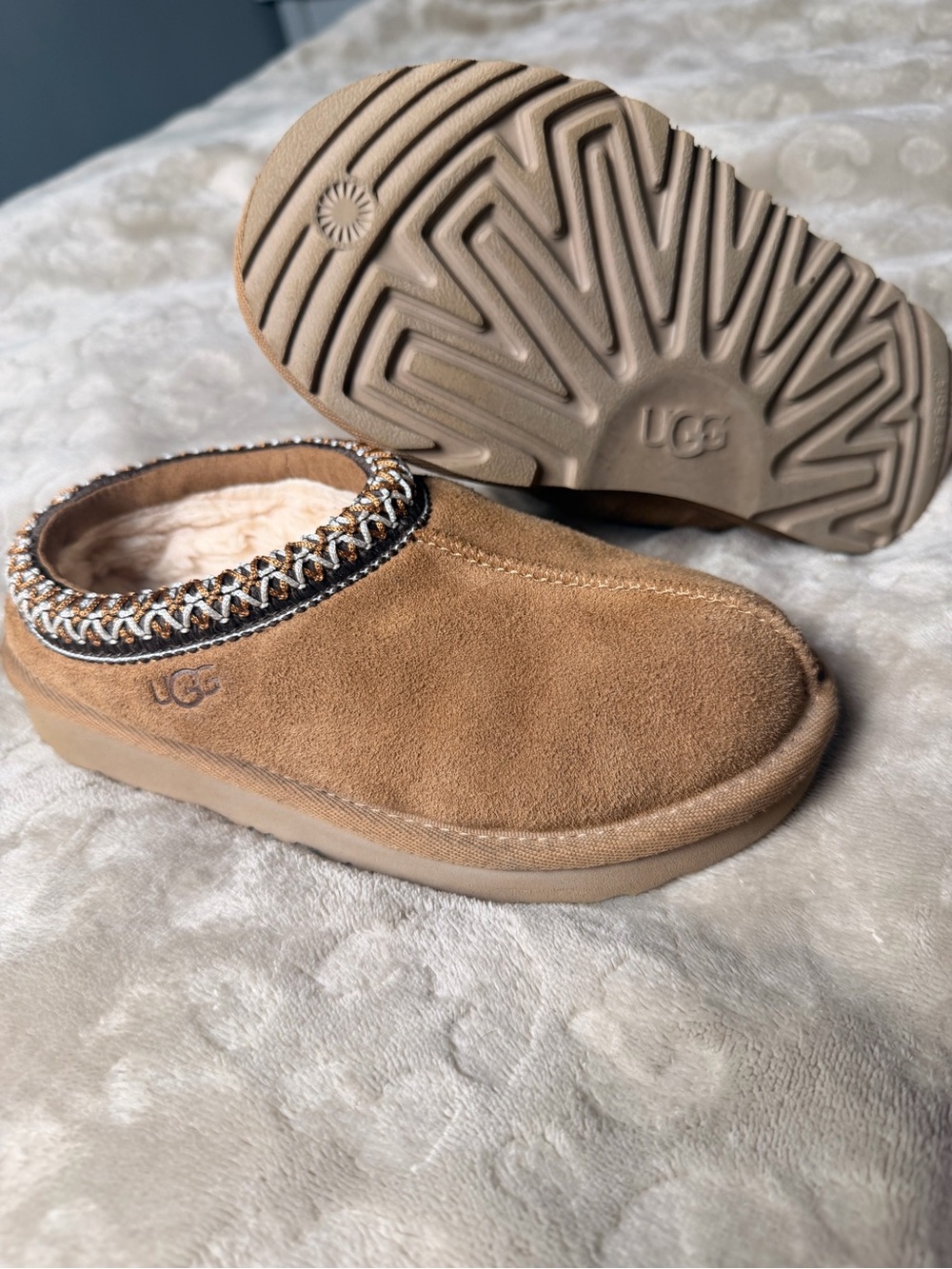 UGG Chestnut Suede Shearling-Lined Slip-On Clogs